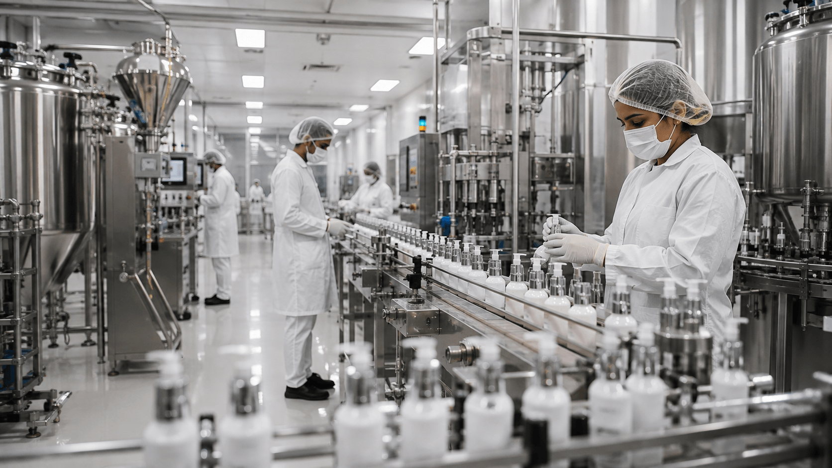 GMP cosmetic manufacturing facility with quality-controlled production